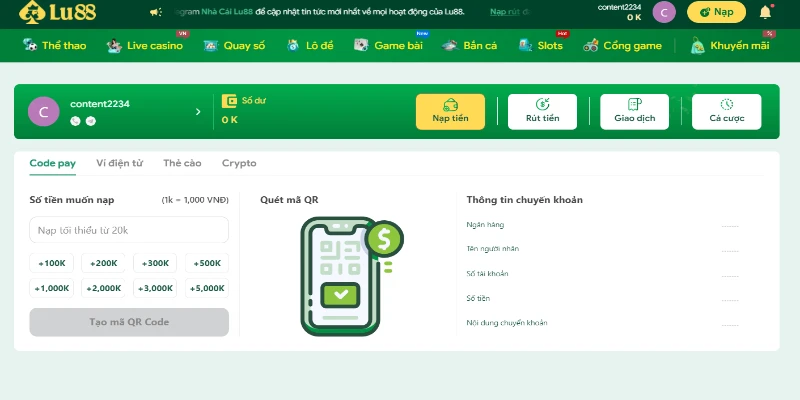 Nạp tiền LU88 qua thẻ ngân hàng